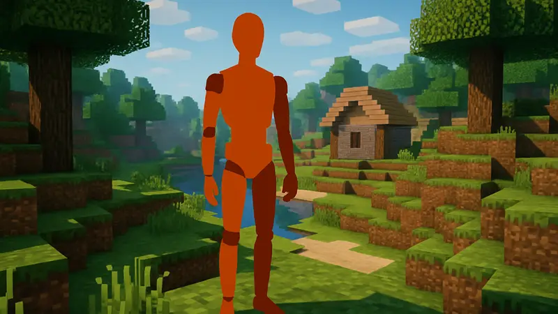 Манекен для краш-тестов в блочном мире, напоминающем Minecraft, на скриншоте из новой Steam-игры