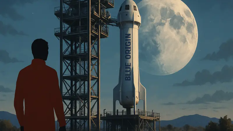 Ракета Blue Origin New Shepard на стартовой площадке, сфокусированная на лунных исследованиях