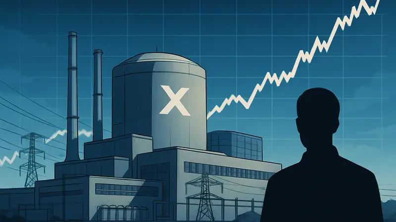 Изображение ядерного реактора X-energy или дата-центра на фоне графика роста акций.