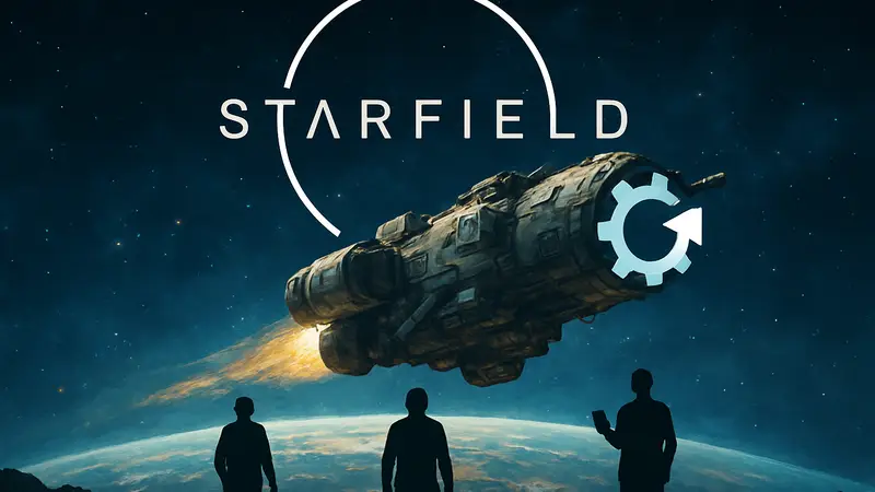 Логотип Starfield с космическим кораблем, символизирующим патчи и улучшения игры для разных платформ.