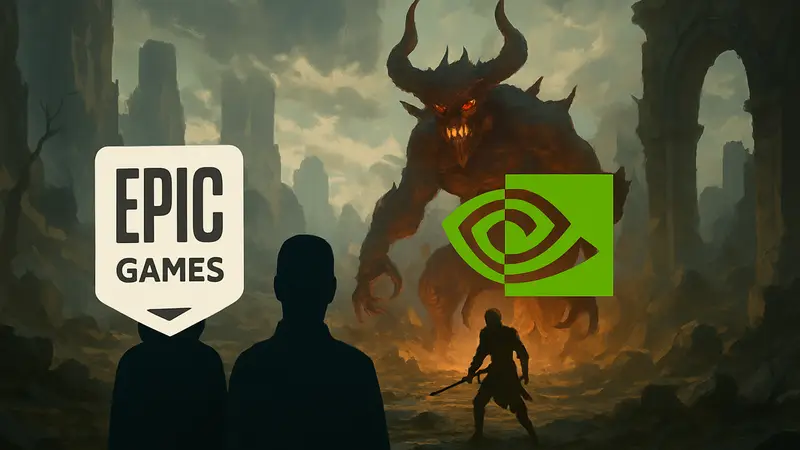 Логотипы Epic Games и NVIDIA рядом с названием игры Tides of Annihilation, символизирующие оптимизацию.
