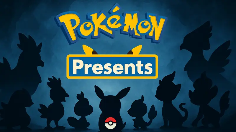 Логотип Pokémon Presents, окруженный силуэтами покемонов 10 поколения, на темном фоне.