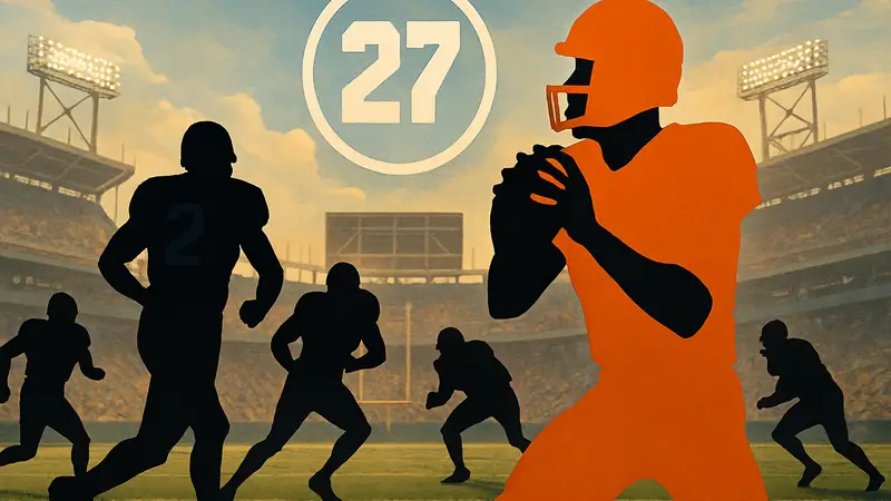 Игроки американского футбола на поле, с логотипом Madden 27 на заднем плане, символизирующие обложку игры.