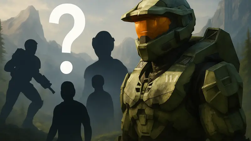 Изображение Мастер Чифа из игры Halo, на фоне которого размытые силуэты отменённых проектов и вопросительный знак.