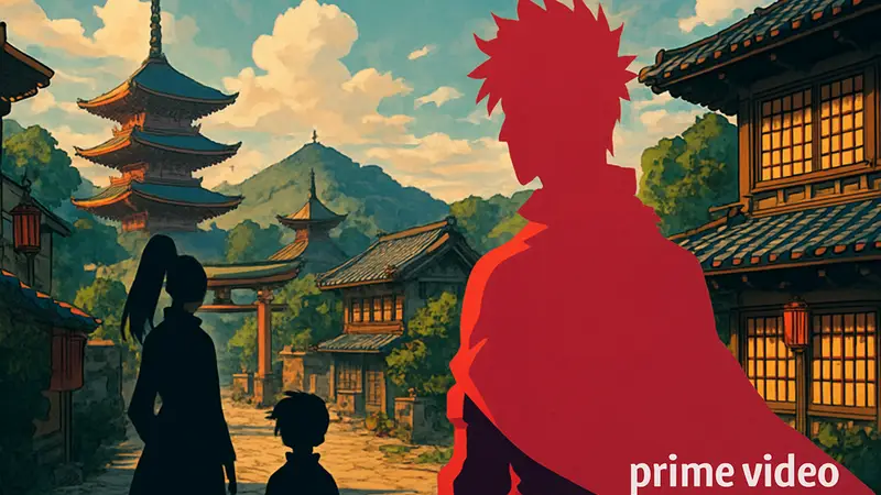 Кадр из аниме Nippon Sangoku с яркой, стилизованной графикой, возможно с логотипом Prime Video.