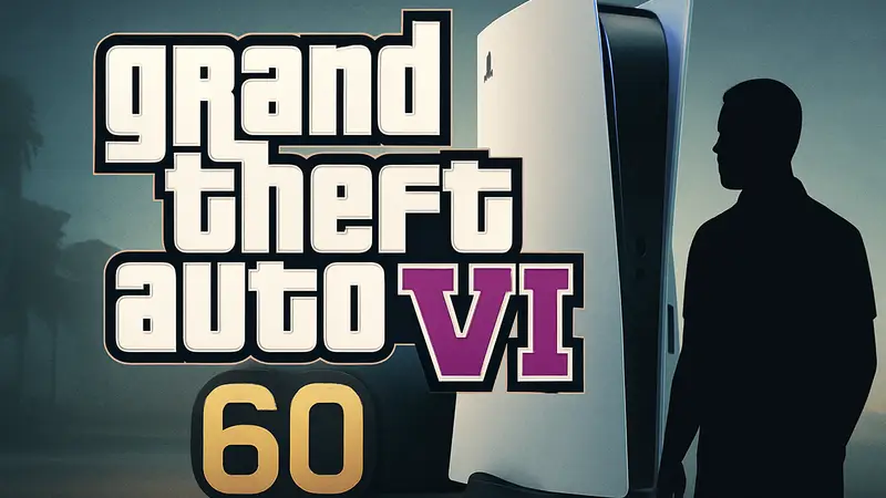 Логотип Grand Theft Auto VI на фоне консоли PlayStation 5 Pro, 60 кадров в секунду