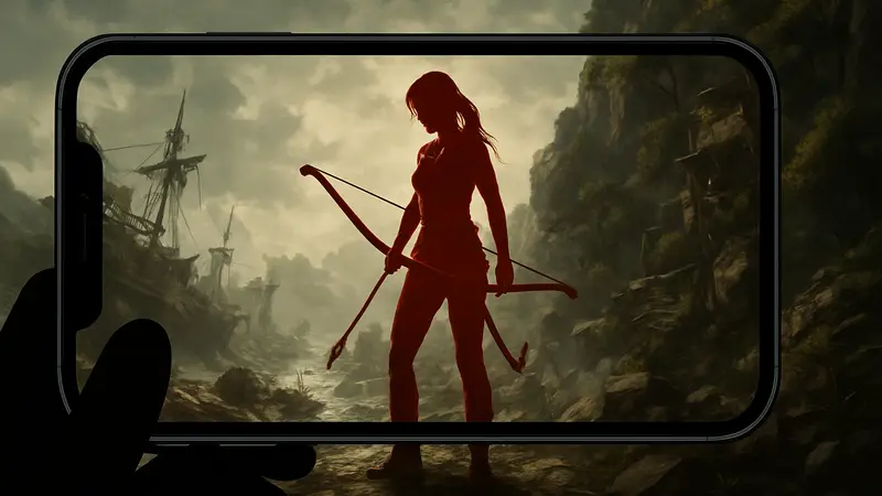 Лара Крофт из Tomb Raider (2013) на экране смартфона с впечатляющей графикой iOS и Android.