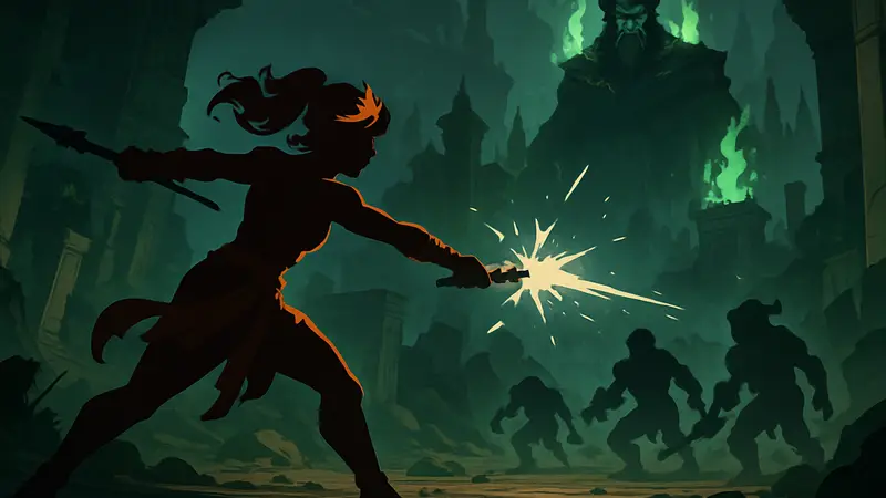 Главная героиня Hades 2 Мелиноя, атакующая врагов магией, на фоне Аида