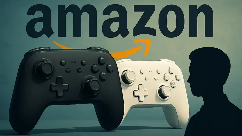 Беспроводной геймпад 8BitDo Ultimate 2 в чёрном и белом цвете на фоне логотипа Amazon.