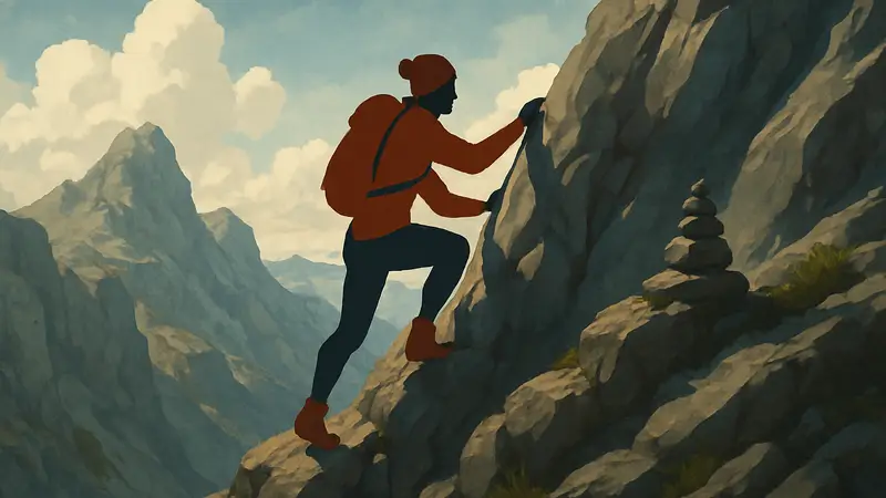 Скриншот из игры Cairn с альпинисткой, взбирающейся на гору
