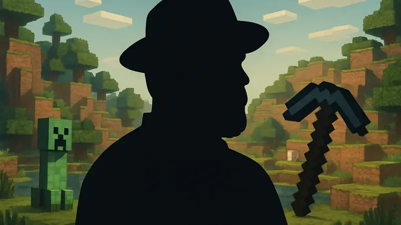 Портрет Маркуса Перссона (Notch) с элементами игры Minecraft на фоне.