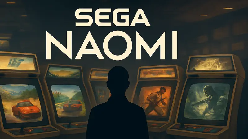 Логотип Sega NAOMI на фоне аркадных автоматов с лучшими играми платформы.