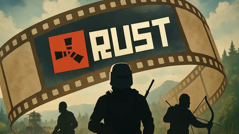 Логотип игры Rust на фоне киноленты, иллюстрация фильма по игре Facepunch