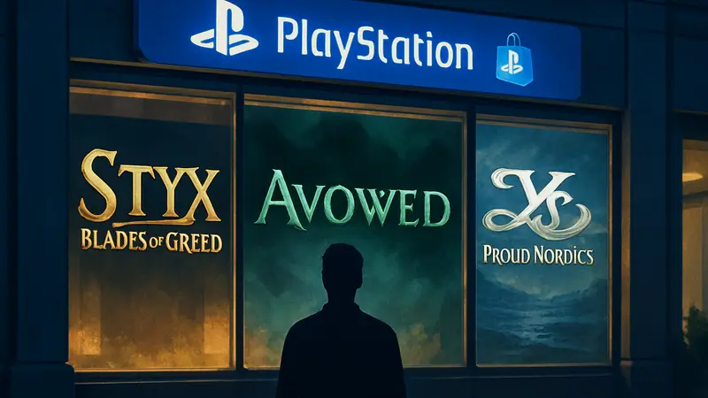 Логотипы Styx Blades of Greed, Avowed, Ys X Proud Nordics на фоне PlayStation Store