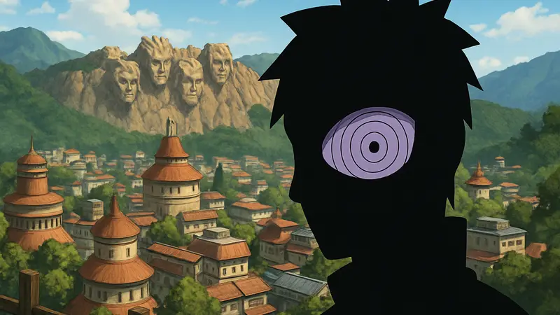 Глаз Риннеган из аниме Boruto на фоне Конохи