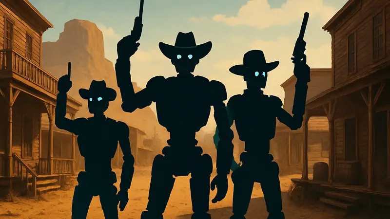 Роботы-ковбои из Far Far West в стилистике Дикого Запада с оружием в руках, требующие кнопку «Иииха!».