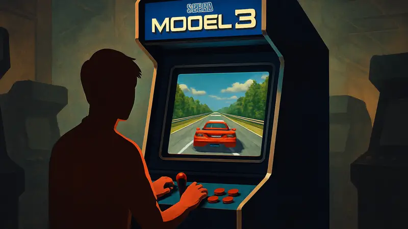Игровой автомат с логотипом Sega Model 3 и скриншотом одной из игр