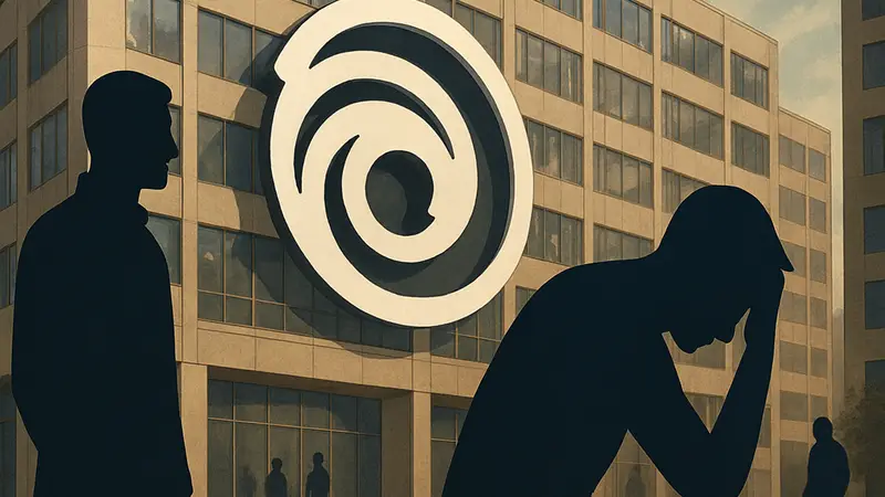 Логотип Ubisoft на фоне офисного здания, символизирующий конфликт компании и сотрудников из-за рабочих условий.