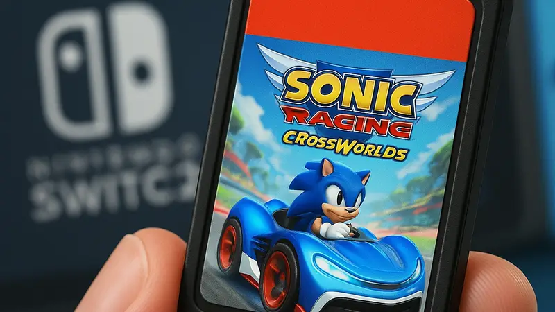 Изображение картриджа Nintendo Switch 2 с логотипом Sonic Racing: CrossWorlds, показывающее, что игра полностью на нем