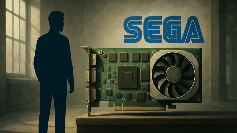 Ранняя видеокарта Nvidia рядом с логотипом Sega, символизирующая исторические инвестиции.