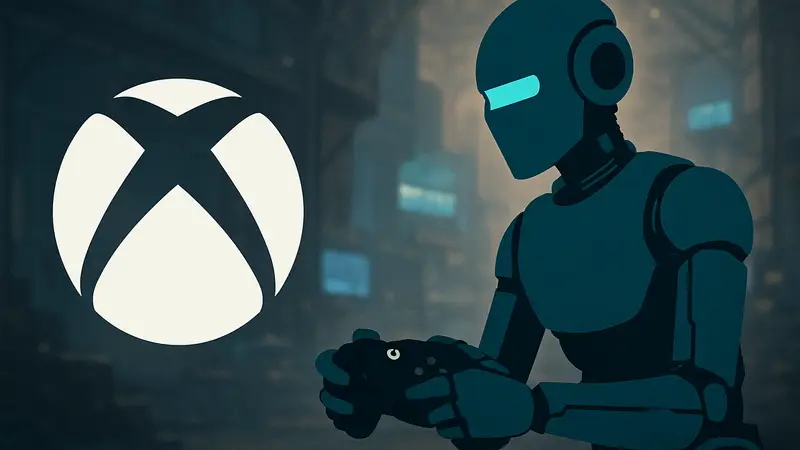 Логотип Xbox рядом с нейросетью или роботом, играющим в видеоигру на геймпаде.
