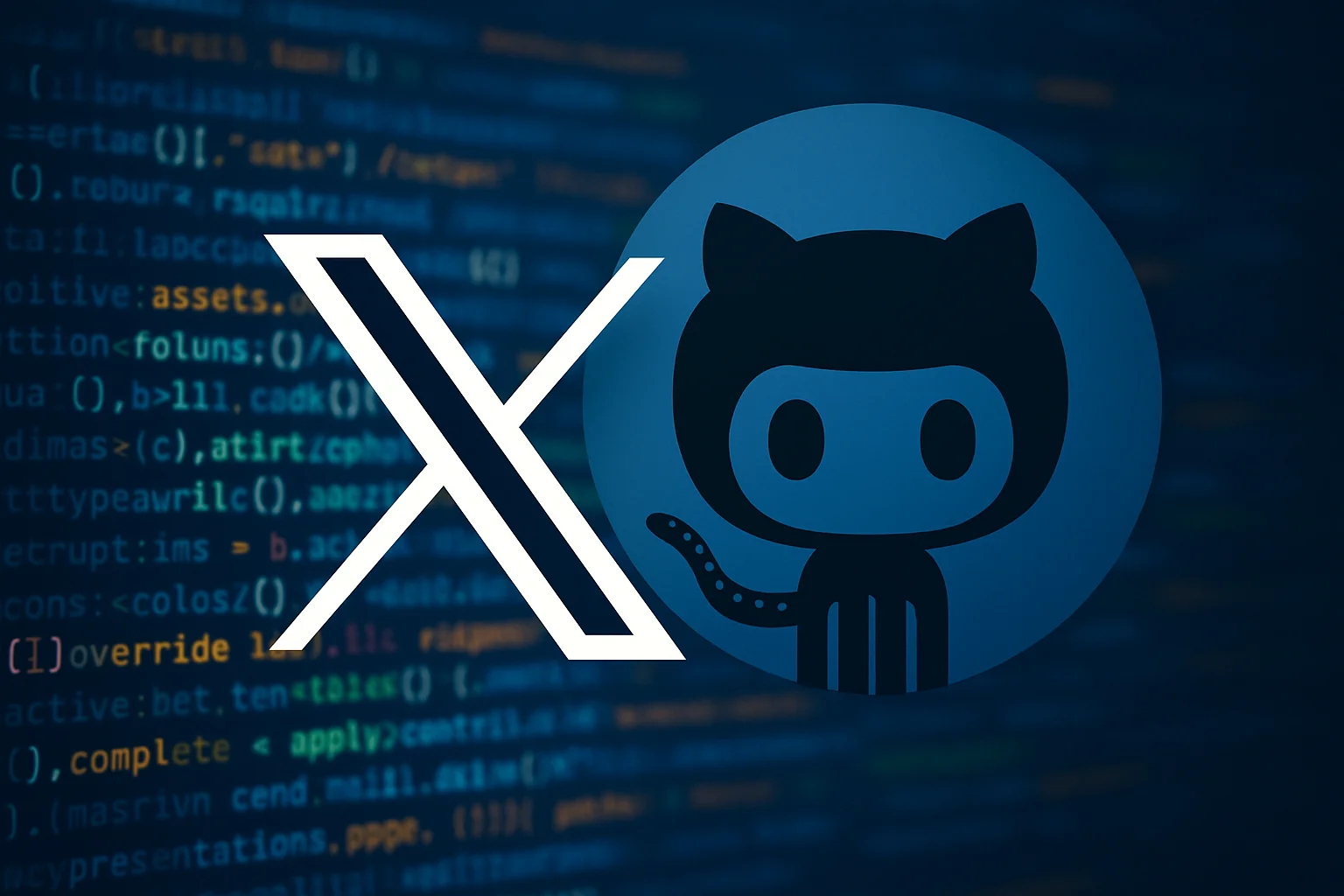 Логотип социальной сети X, с символом GitHub на заднем плане, указывающим на открытый код.