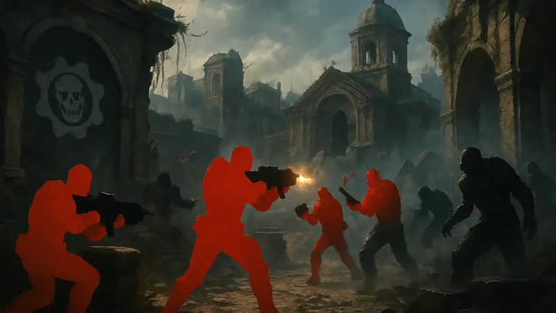 Геймплейный кадр из Gears of War: E-Day с акцентом на мультиплеерные баталии и персонажей.
