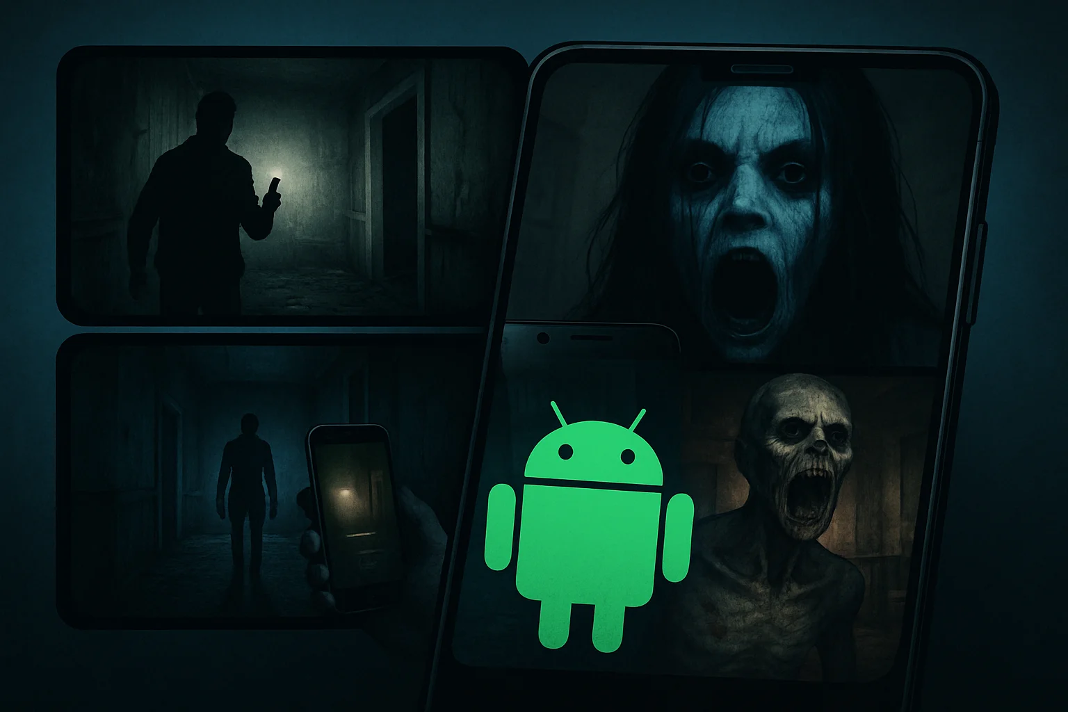 Подборка скриншотов из лучших хоррор-игр для Android, демонстрирующих пугающие сцены.