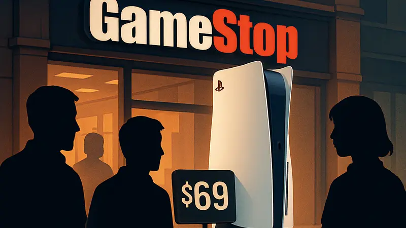 Игровая консоль PlayStation 5 Slim на фоне логотипа GameStop с ценником $69 за трейд-ин.