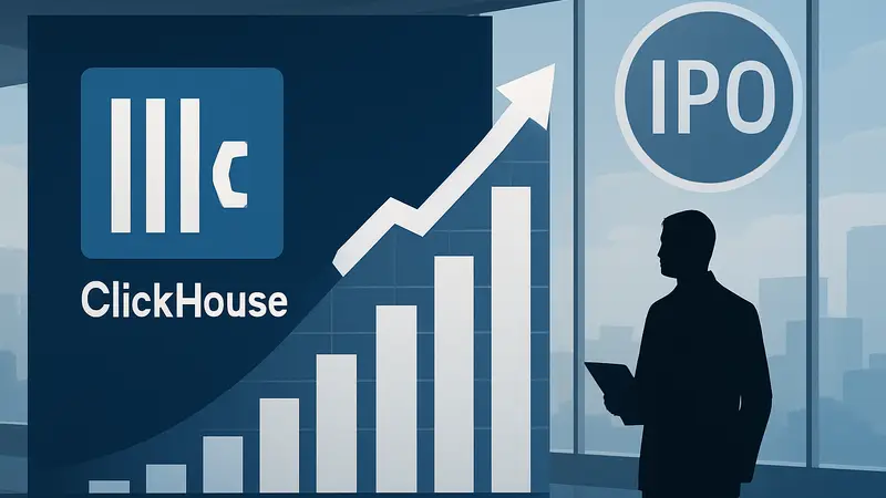 Логотип ClickHouse с графиком роста выручки и символом IPO.