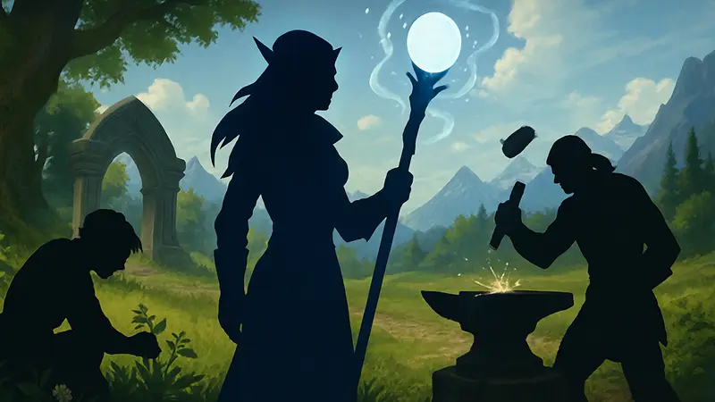 World of Warcraft Midnight персонаж занимается профессией, собирает траву, кузнечное дело, магия