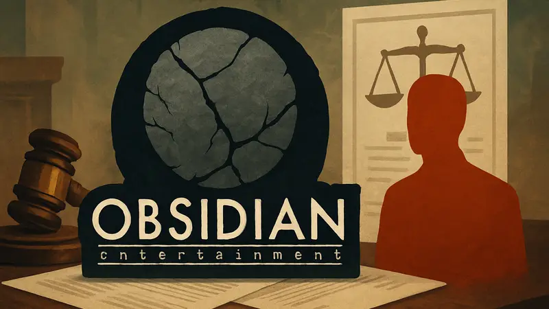 Логотип студии Obsidian Entertainment, на фоне юридических документов.