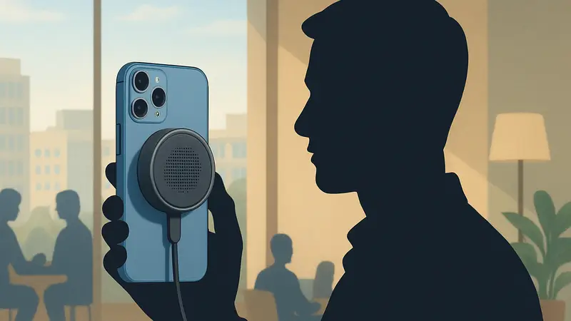 Диктофон SpeakOn, прикрепленный к задней панели iPhone с помощью MagSafe, для транскрибации речи.