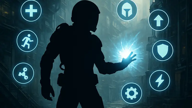 Хью из игры Pragmata использует свои способности, окруженный игровыми модификациями.