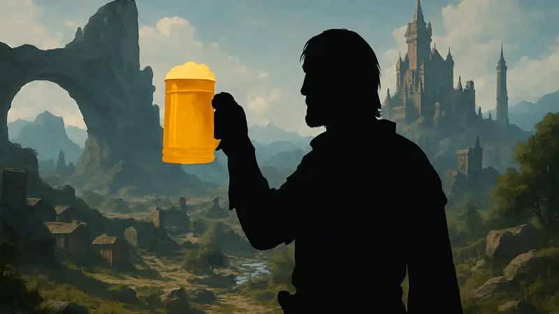 Персонаж из Crimson Desert, держащий кружку золотого пива, на фоне фэнтезийного мира.