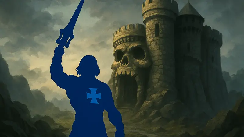 Хи-Мен (He-Man) из «Властелинов вселенной» с Мечом Силы, на фоне Замка Серого Черепа.