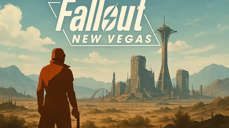 Логотип Fallout: New Vegas на фоне пустошей Мохаве