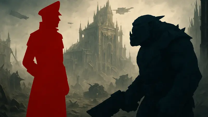 Игровые персонажи из вселенной Total War: Warhammer 40,000, возможно, комиссар Гонт и орк.