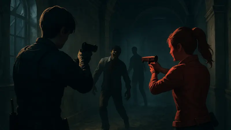 Персонажи Леон и Клэр из игры Resident Evil 2 Remake сражаются с зомби в коридоре.