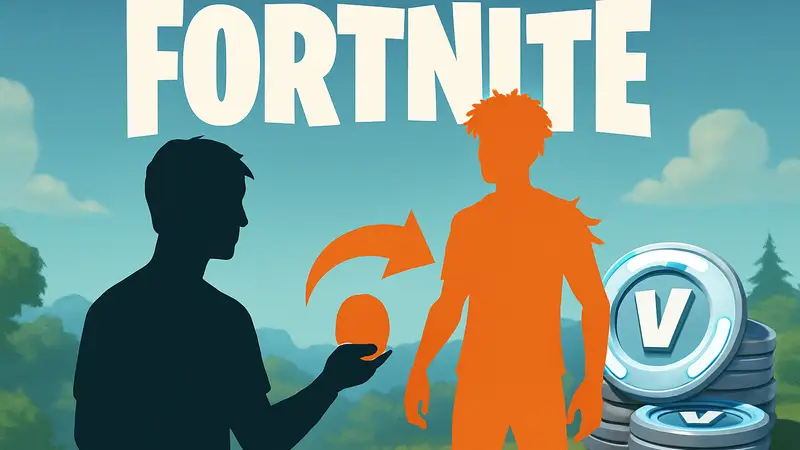 Игрок Fortnite возвращает косметические предметы D4vd, на фоне логотип игры и V-Bucks.