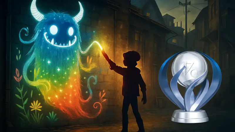 Обложка игры Concrete Genie с персонажем, рисующим монстра на стене, платиновый трофей PlayStation.