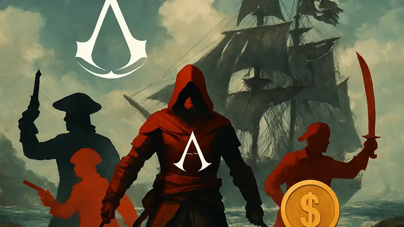 Обложка DLC для Assassin's Creed Black Flag Resynced с пиратами и кораблем, символизирующая продажи.