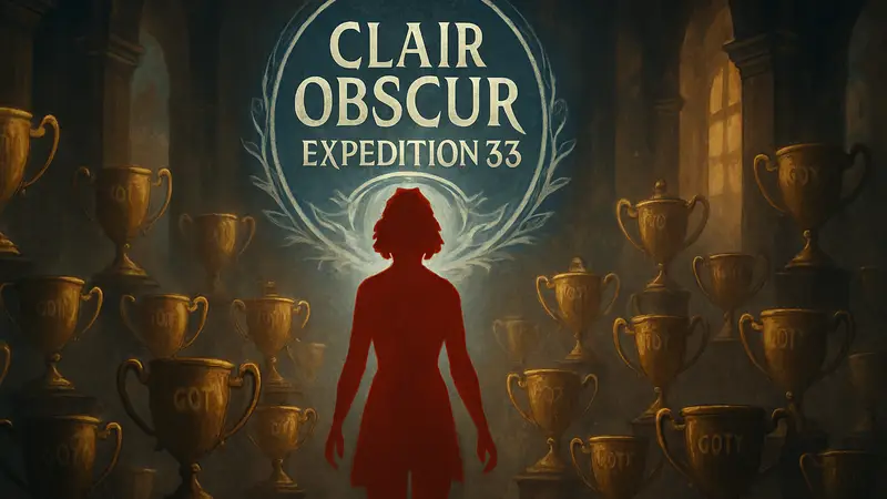 Логотип или ключевой арт игры Clair Obscur: Expedition 33, окруженный многочисленными трофеями GOTY.