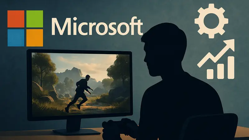 Логотип Microsoft и символы оптимизации на фоне экрана ПК, показывающего плавный игровой процесс без фризов.