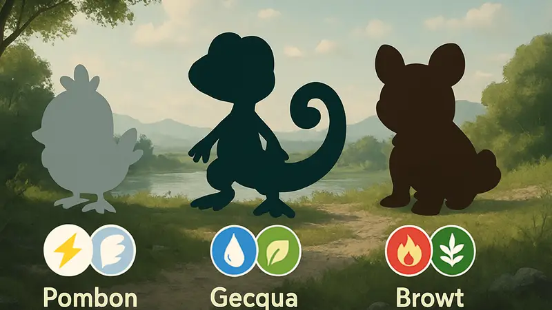 Изображения стартовых покемонов Pombon, Gecqua и Browt с указанием их двойных типов из Pokemon Winds and Waves.