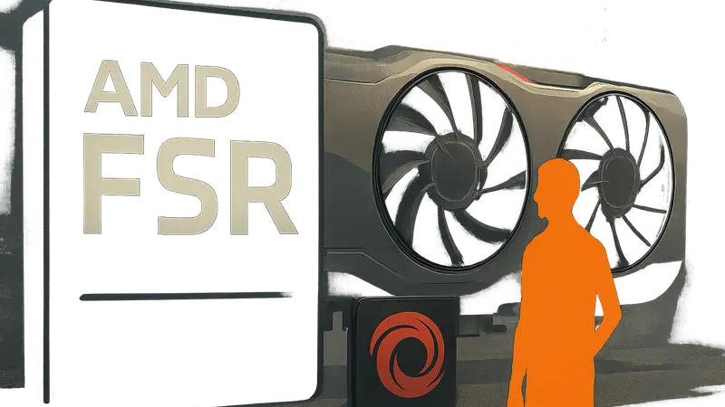 Логотип AMD FSR на фоне видеокарты Radeon RX 7000, драйверы Adrenalin