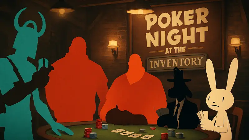 Обложка игры Poker Night at the Inventory с персонажами из Borderlands, Team Fortress 2 и Sam & Max.