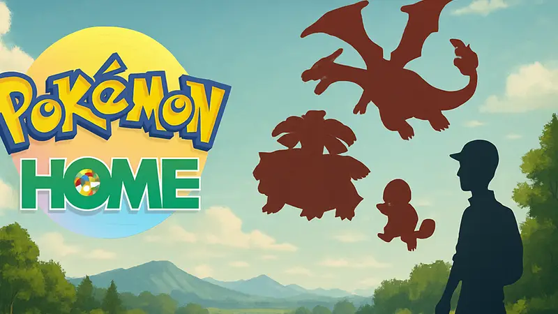 Логотип Pokémon Home, а рядом арт с покемонами из FireRed и LeafGreen, летящими в сторону современных игр.