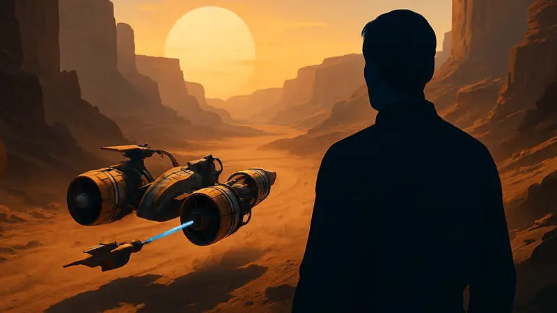 Гоночный спидер из Star Wars: Galactic Racer в пустынном каньоне на фоне заката, символизирующий сложности инноваций в гоночных играх.