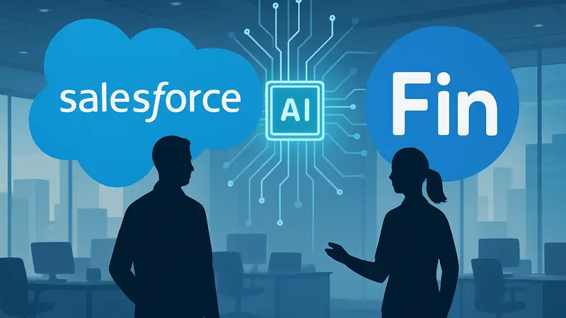Логотипы Salesforce и Fin рядом, символизирующие слияние компаний и развитие ИИ в обслуживании клиентов.